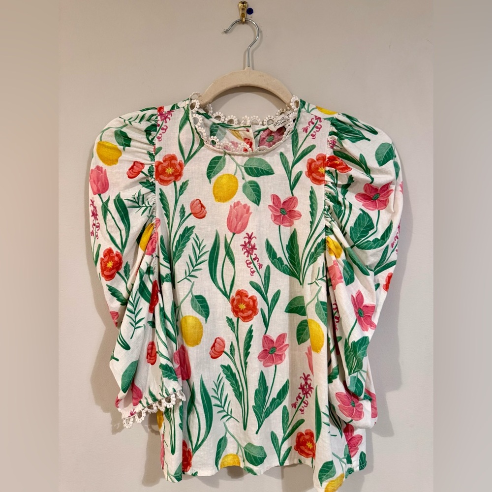 Rachel Zoe White Floral Puff-Sleeve Top with Pink, Red, Yellow & Green, Small
